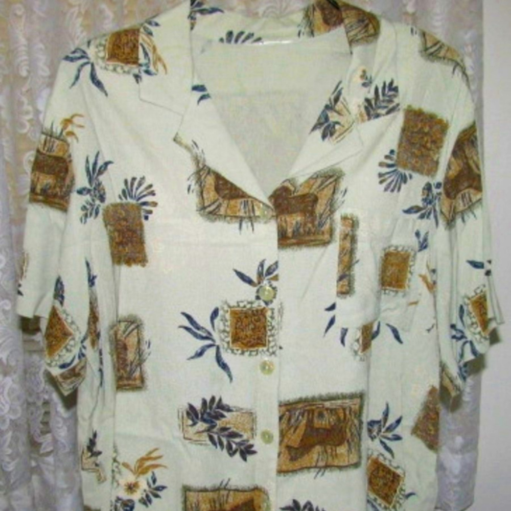 BROWN & BLACK on PALE GREEN Shirt Crepe BLOUSE